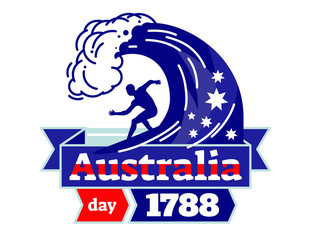 Australia day 1788 illustrated vector logo badge, celebrating National Day of Australia, surfer on a board with ribbon in Australia national colors.
