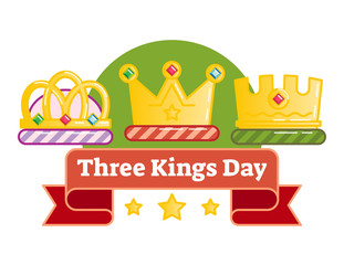 Celebrating Three kings day or Epiphany, illustrated vector logo badge with three crowns and red ribbon 
