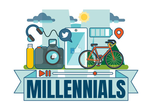 Illustrated Millennial vector badge with scene including photo camera, smartphone, USB drive, earphones, bike and sky. 
