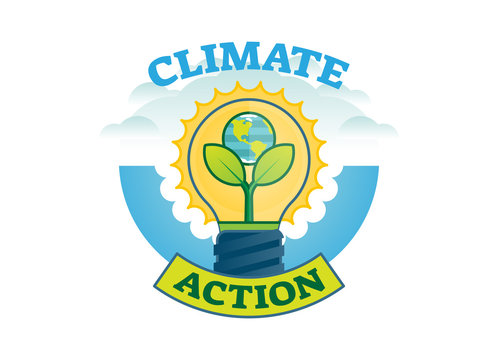 Climate action, climate change movement vector logo badge with earth, bulb and leaves.
