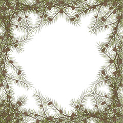 Vector border frame with ornament pattern with pine twigs with cones. Fir-tree branches decoration isolated on white. Place for your text. Single frame or seamless pattern. Design for greeting card