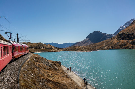 Red Swiss train from St. Moritz to Tirano.