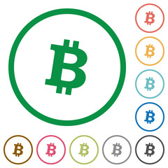 Bitcoin digital cryptocurrency flat icons with outlines