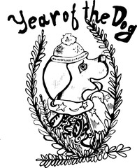 Congratulation with the new year of the dog. Dog in profile in branches