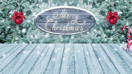 Christmas background with walking snowman, fir tree, descends signboard and two balls, flash of flying snow. New Year winter holidays theme. Empty space for your decoration, text or advertising. - Powered by Adobe