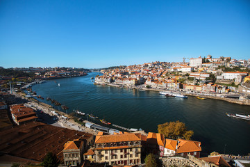 View of Douro river and Ribeira at old downtown of Porto, Portugal.