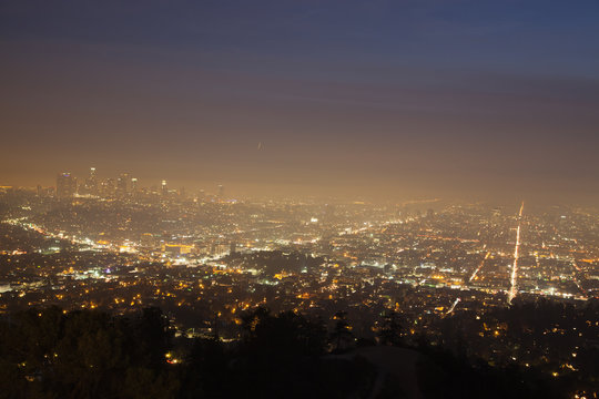 Panoramic view of night skyline of Los Angels viewed from Griffith Observatory 