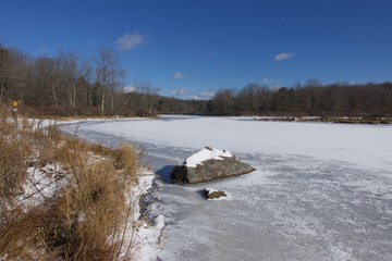 Frozen mountain lake in December