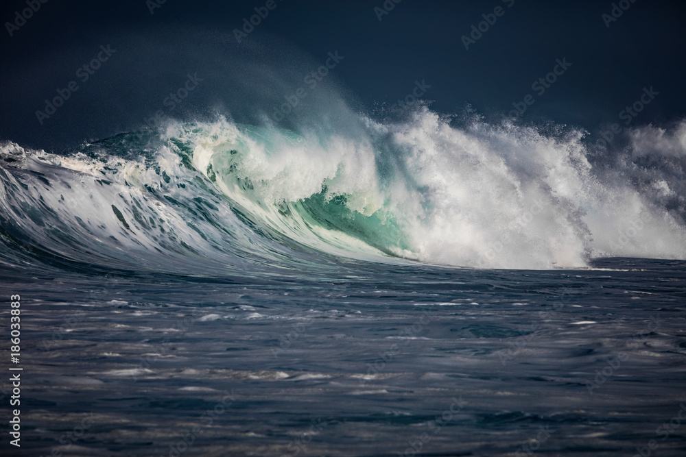 Wall mural huge waves crashing in ocean. seascape environment background. water texture with foam and splashes.
