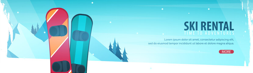 Winter Sport. Ski Rental horizontal banner. Vector illustration.