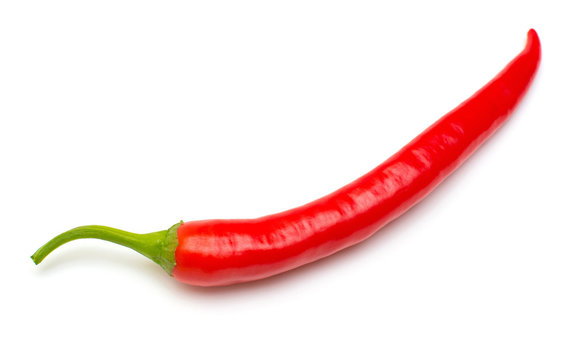 Red chili pepper isolated on a white background. Flat lay, top view