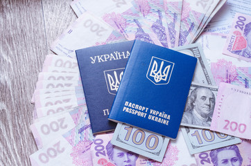 Ukrainian passport with documents and stamps and signs with dollars and hrivna