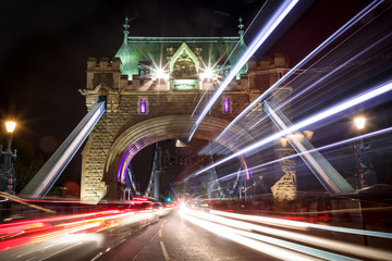 Fototapeta na wymiar Light trails along Tower Bridge in London