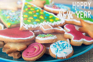 Plate with tasty holiday Gingerbread Cookies  - Happy New Year card 