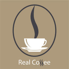 Coffe shop vector logo. White classic cup and coffee bean on light brown background