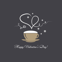 Happy Valentine's Day vector card with steaming heart over a cofee cup reminiscent drawing by chalk on Black board
