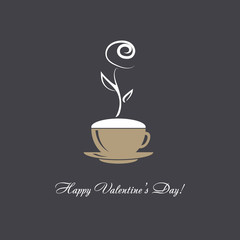 Happy Valentine's Day vector card with steaming flower rose over a coffee cup reminiscent drawing by chalk on Black board