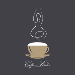 Steaming coffee with silhouette of a yogi in a lotus assana. The concept of coffee and relaxation. Coffee time, break. Vector illustration in coffee style colors on black background