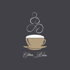 Steaming coffee with silhouette of a yogi in lotus assana over cap. Concept of coffee and relaxation. Coffee time, break, meditation. Vector illustration in coffee style colors black background