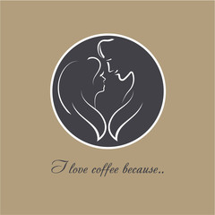Vector logo Coffee Love. Two silhouettes of a romantic couple in love. A coffee cup top with image of young female and male