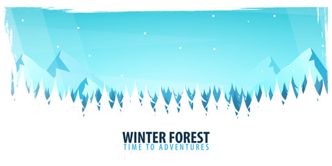 Nature landscape background with silhouettes of mountains and trees. Winter Forest. Vector Illustration.