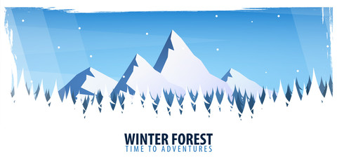 Nature landscape background with silhouettes of mountains and trees. Winter Forest. Vector Illustration.