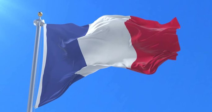 Flag of France waving at wind in blue sky, loop