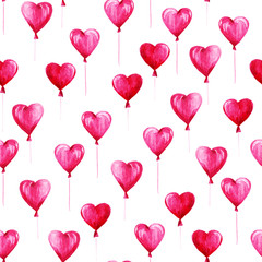 Obraz na płótnie Canvas Watercolor St Valentines Day pattern. Romantic pink balloons in shape hearts. For card, design, print or background