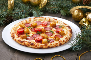 Christmas pizza on the wood board