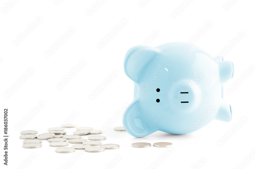 Wall mural  Empty piggy bank and coins on white background