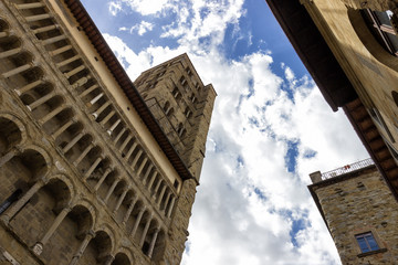 View from the bottom of the church of Sainta Maria della Pieve and its bell tower, Arezzo, Italy