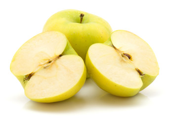 Apples (Smeralda variety) isolated on white background green yellow one whole one cut in half two cross section halves.