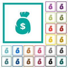 Dollar money bag flat color icons with quadrant frames