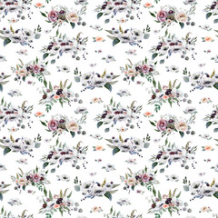 Wedding seamless pattern white and purple flowers ornament