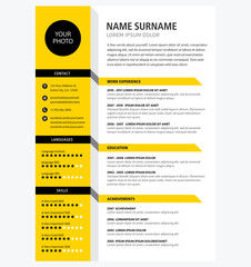 Creative CV / resume template yellow color minimalist vector