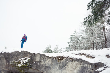 Winter tourist on the top of mountain