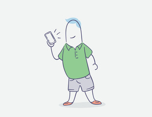 flat line character vector design - standing man using smart phone