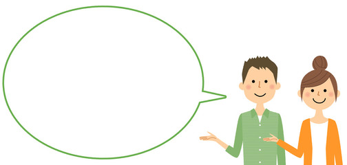 説明する若いカップル　ふきだし