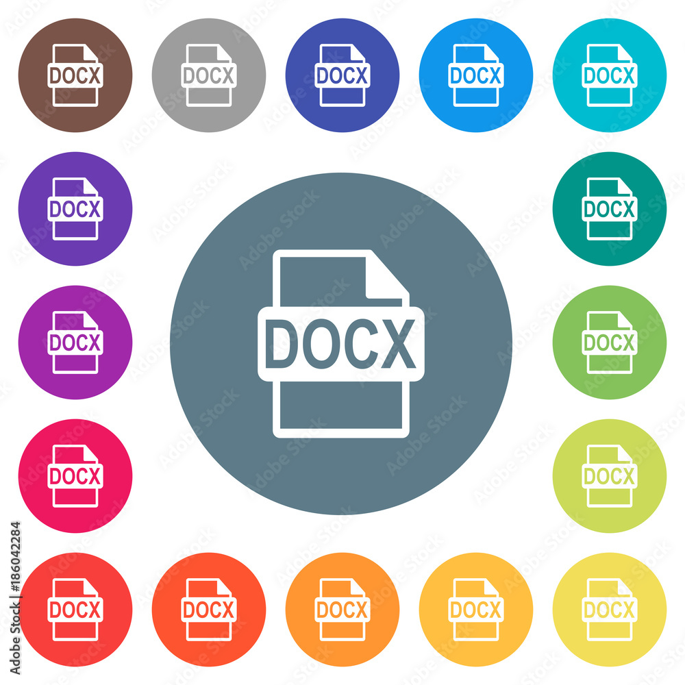 Poster docx file format flat white icons on round color backgrounds