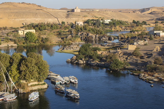 View of The River Nile and The Mausoleum of Aga Khan on the West Bank, Aswan, Upper Egypt, Egypt