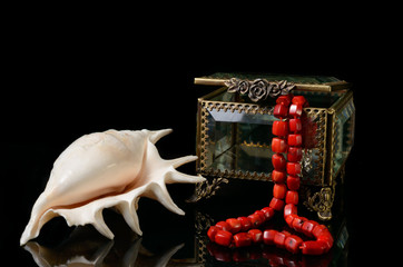 Jewelry box with heart  from red coral chaplet and shell on black background