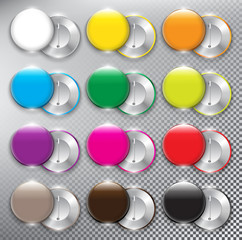Set of 12 color button vector badges. Glossy button badges. Both sides - face and back with realistic shine and shadow on light background. Vector illustration. Eps10.