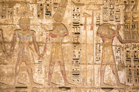 Reliefs on the walls of the Second Court, Temple of Ramesses III at Medinet Habu, West Bank, Luxor, Egypt