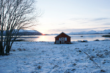 small cabin on river bank, covered with snow. winter day