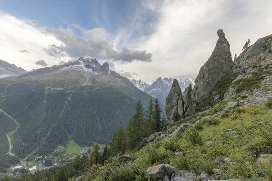 Aiguille du Dru and Aiguille Verte seen from Aiguillette D'Argentiere on the way to Lacs De Cheserys, Haute Savoie, French Alps, France