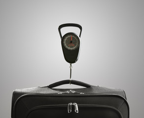 scales weighing suitcase bag isolated on gray