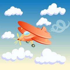 illustration of a cartoon plane on the background of the morning sky with clouds