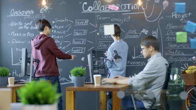 Long Shot of The Busy Office Where Young Creative People Work on Personal Computers, Draw Project Outline on Blackwall and Have Discussions with Colleagues. Stylish People in Trendy Environment. 