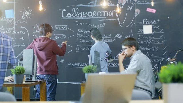 Long Shot of The Busy Office Where Young Creative People Work on Personal Computers, Draw Project Outline on Blackwall and Have Discussions with Colleagues. Shot on RED EPIC-W 8K Helium Cinema Camera.