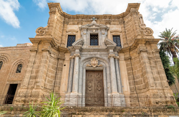 Fototapeta na wymiar View of the baroque facade with the Romanesque belltower of Santa Maria dell'Ammiraglio Church known as Martorana Church, Palermo, Italy